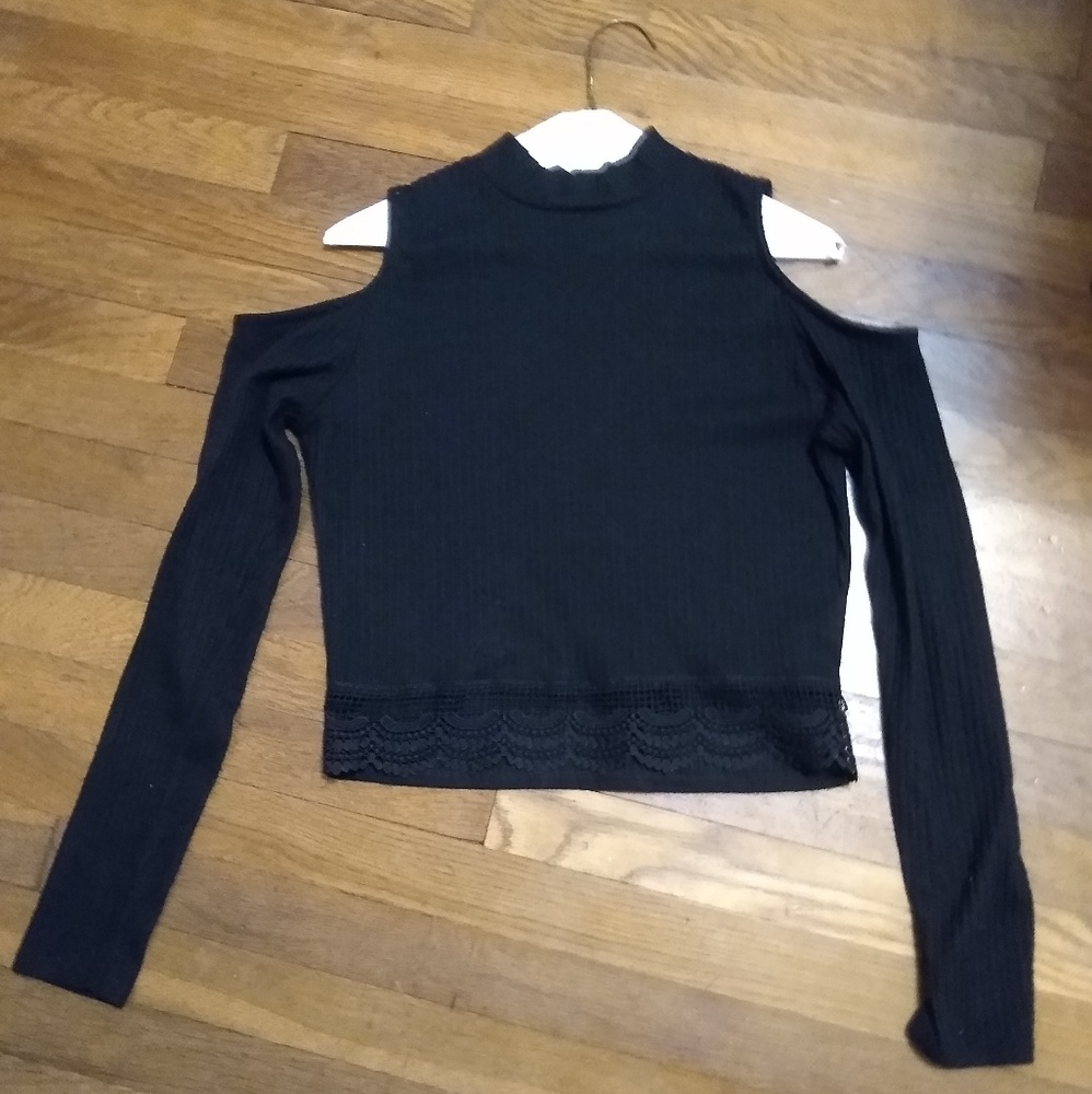 Black mock neck cold shoulder knit top